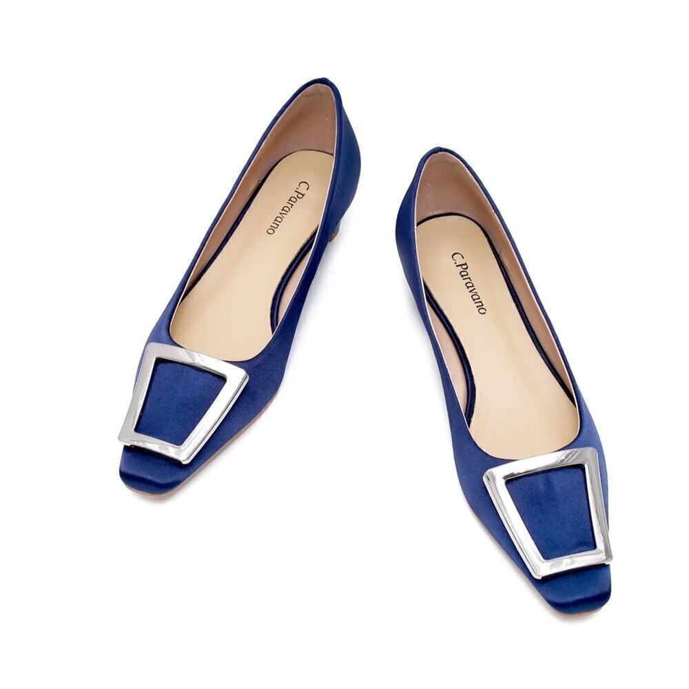 Metal Buckle Satin Low Heel (Lucia) C.Paravano Blue size women's 8